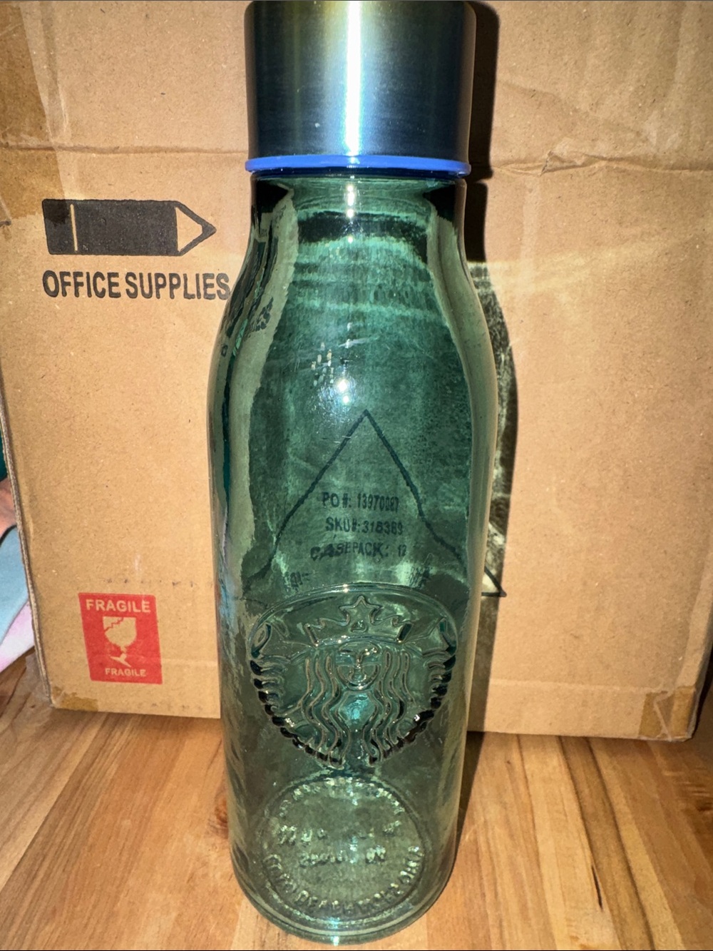 Starbucks Green Glass Bottle with Silver Metal Lid and Blue Hawaii Collection